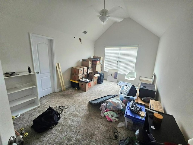 bonus room featuring ceiling fan, carpet flooring, and vaulted ceiling