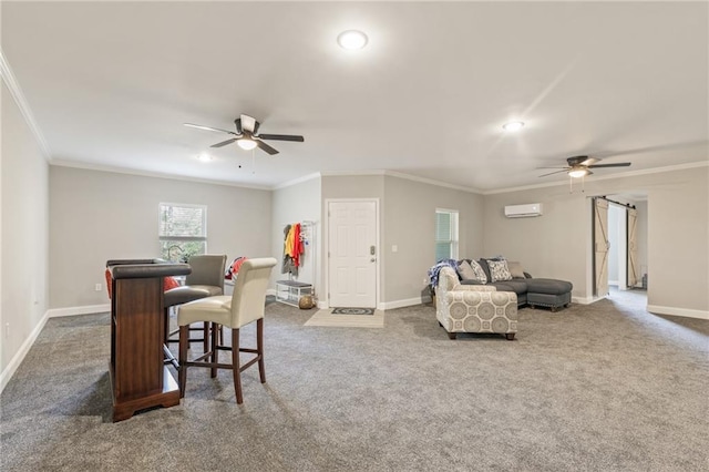 interior space with ceiling fan, ornamental molding, and a wall mounted AC