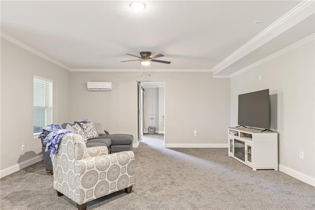 carpeted living room featuring a wall unit AC, ornamental molding, and ceiling fan