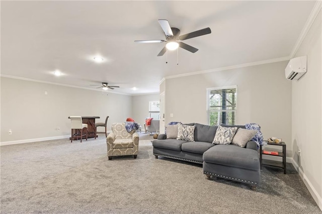 living room featuring ceiling fan, ornamental molding, a wall mounted AC, and carpet