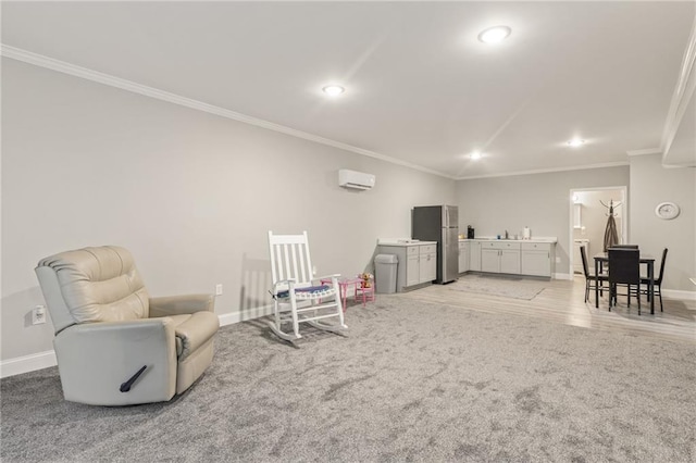 sitting room with light carpet, crown molding, and an AC wall unit