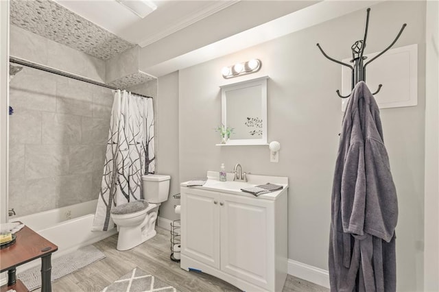 full bathroom featuring toilet, crown molding, wood-type flooring, shower / tub combo, and vanity