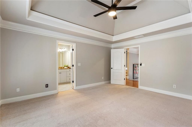 640 Greenview Ter, Milton, GA 30004 - unfurnished bedroom with light carpet, crown molding, a raised ceiling, ensuite bath, and baseboards