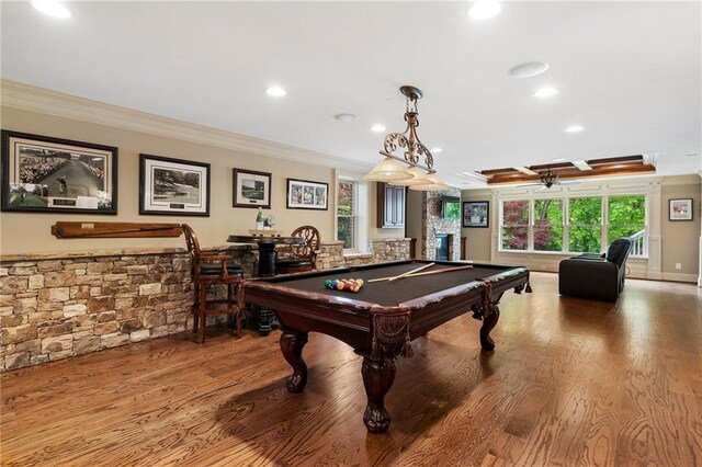 640 Greenview Ter, Milton, GA 30004 - playroom featuring crown molding, recessed lighting, pool table, wood finished floors, and plenty of natural light