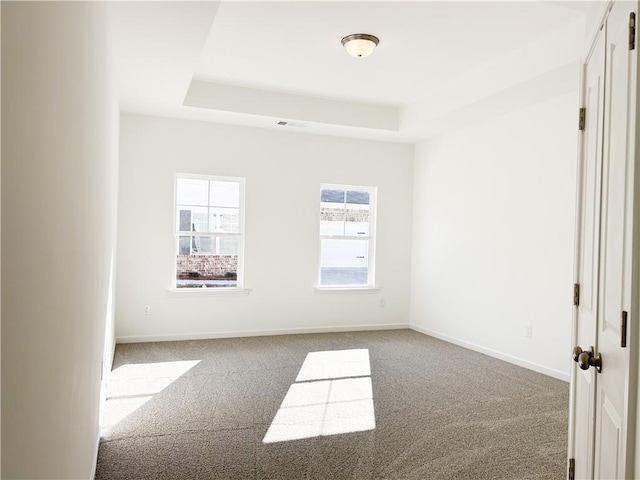 carpeted spare room with a tray ceiling