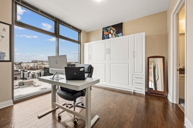 home office featuring dark wood finished floors, baseboards, and expansive windows