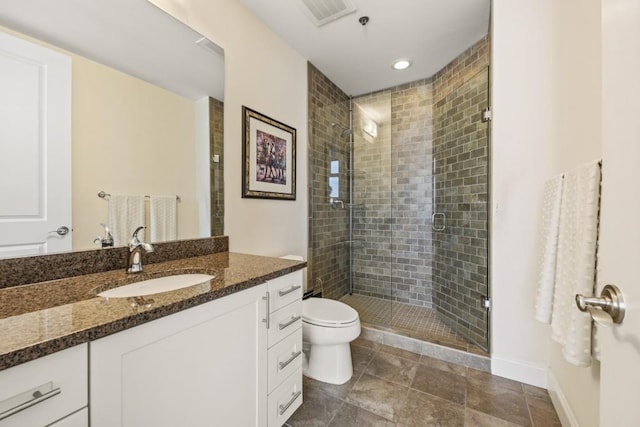 bathroom with visible vents, a shower stall, baseboards, toilet, and vanity