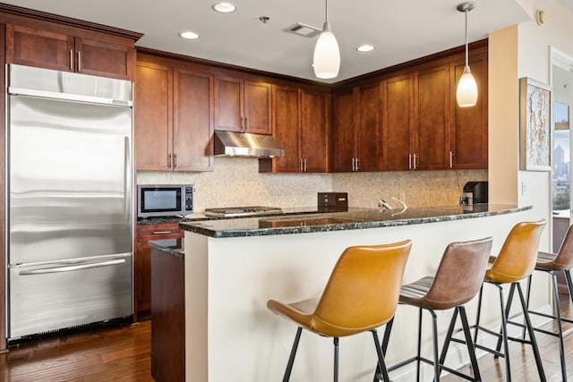 kitchen with tasteful backsplash, dark wood-type flooring, under cabinet range hood, dark stone counters, and stainless steel appliances