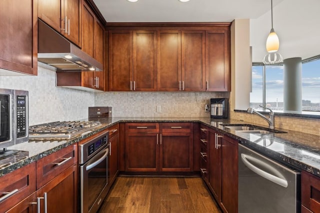 kitchen with dark wood-type flooring, under cabinet range hood, dark stone countertops, appliances with stainless steel finishes, and a sink