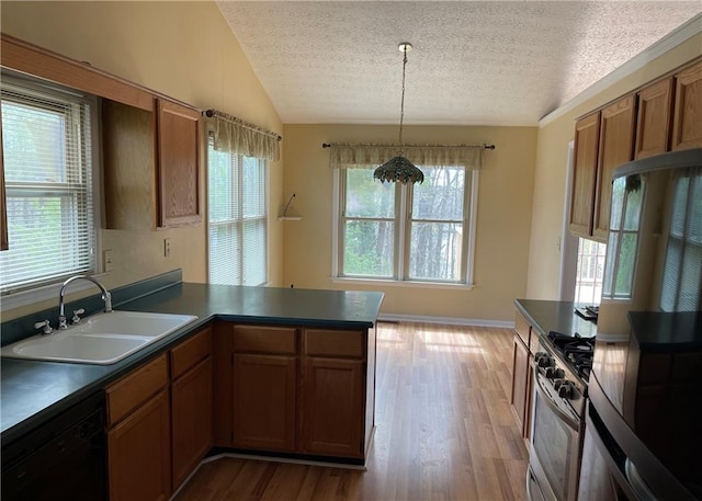 kitchen featuring a peninsula, a sink, black dishwasher, fridge, and gas range