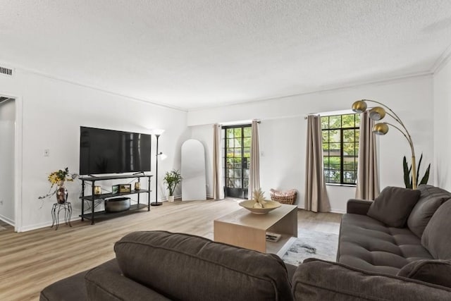 living room with ornamental molding, light wood-type flooring, and a textured ceiling