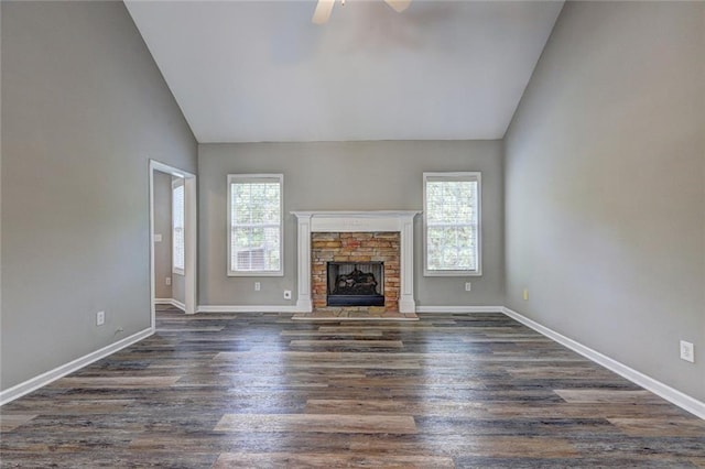 154 Jerry Allen Rdg, Dallas, GA 30132 - unfurnished living room with plenty of natural light, a ceiling fan, wood finished floors, and high vaulted ceiling