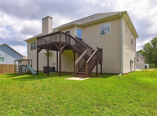 154 Jerry Allen Rdg, Dallas, GA 30132 - rear view of property with stairs, a deck, central AC unit, and a chimney