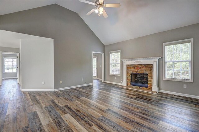 154 Jerry Allen Rdg, Dallas, GA 30132 - unfurnished living room with a ceiling fan, high vaulted ceiling, healthy amount of natural light, and wood finished floors