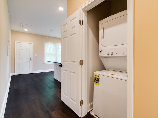 689 Berne St SE, Atlanta, GA 30312 - laundry area with stacked washer and clothes dryer, attic access, dark wood finished floors, and recessed lighting