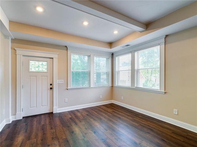 689 Berne St SE, Atlanta, GA 30312 - foyer entrance with dark wood finished floors, recessed lighting, and beamed ceiling