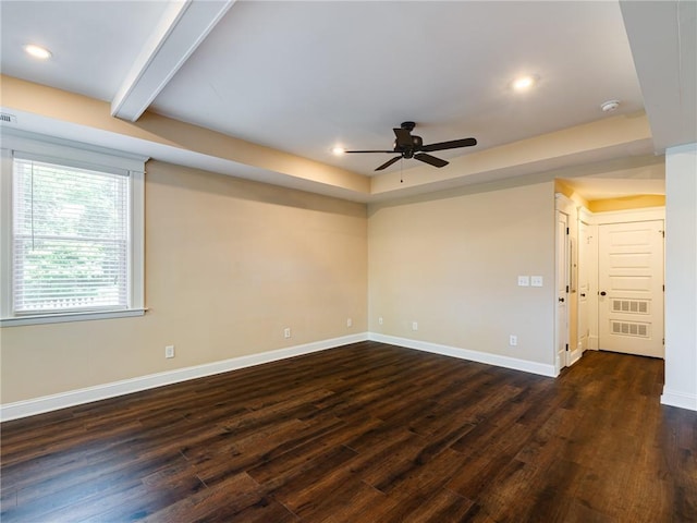 689 Berne St SE, Atlanta, GA 30312 - unfurnished room featuring a ceiling fan, dark wood-style floors, recessed lighting, a smoke detector, and beamed ceiling