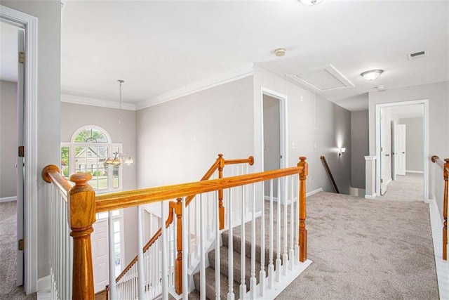 4609 Mctyre Way, Marietta, GA 30064 - hall with visible vents, attic access, carpet flooring, an upstairs landing, and baseboards