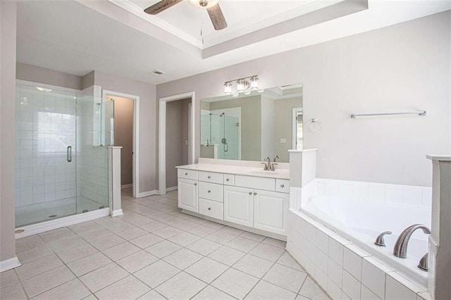 4609 Mctyre Way, Marietta, GA 30064 - bathroom with a bath, vanity, a ceiling fan, a stall shower, and tile patterned floors