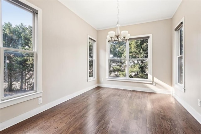 spare room featuring a wealth of natural light, baseboards, a notable chandelier, and wood finished floors