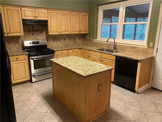 kitchen with a center island, ventilation hood, black appliances, a sink, and light tile patterned flooring