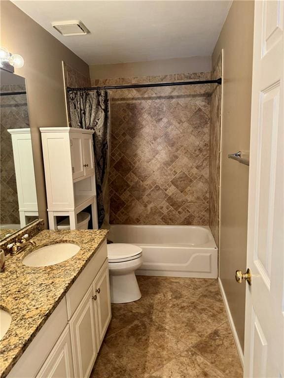 full bath with toilet, a sink, visible vents, double vanity, and shower / bath combo with shower curtain