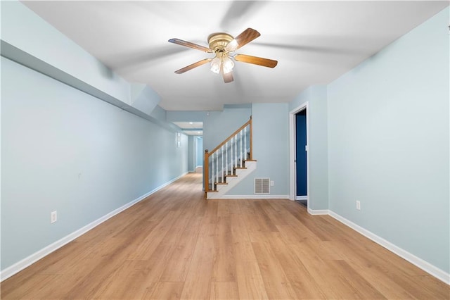 1920 Jett Ridge Rd, Cumming, GA 30041 - empty room featuring stairs, ceiling fan, light wood-style floors, and baseboards