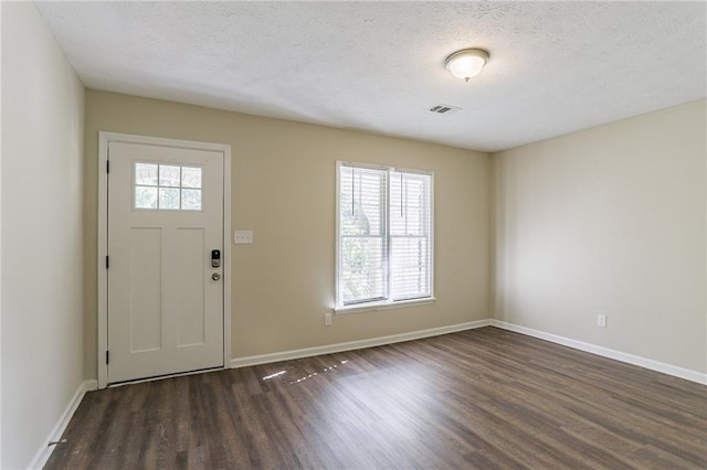 foyer with plenty of natural light, dark wood-type flooring, and a textured ceiling