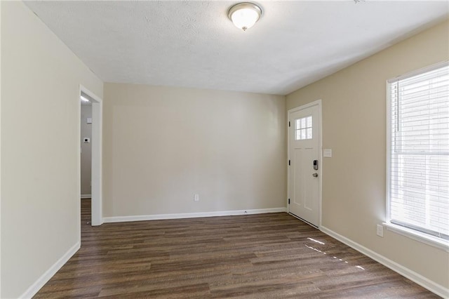 entryway with a textured ceiling, dark hardwood / wood-style flooring, and a healthy amount of sunlight