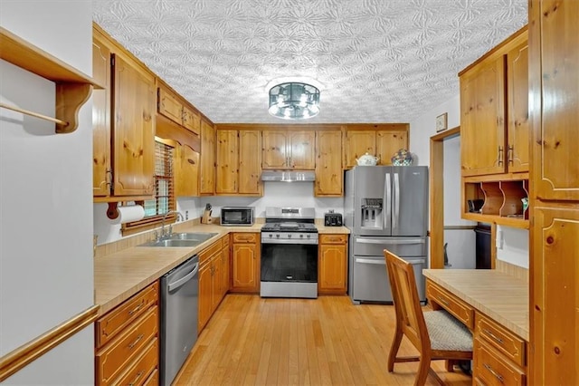 40 Picketts Forge Dr W, Acworth, GA 30101 - kitchen with appliances with stainless steel finishes, a sink, under cabinet range hood, light wood finished floors, and light countertops