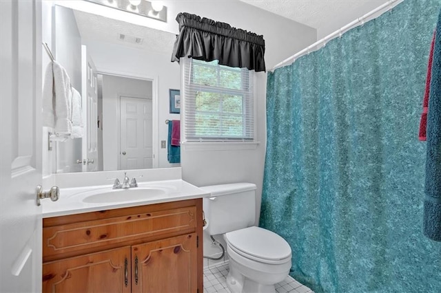 40 Picketts Forge Dr W, Acworth, GA 30101 - bathroom featuring vanity, a textured ceiling, tile patterned flooring, toilet, and curtained shower