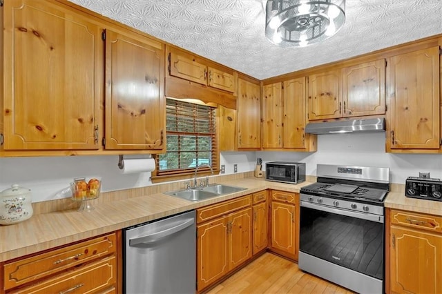 40 Picketts Forge Dr W, Acworth, GA 30101 - kitchen with appliances with stainless steel finishes, under cabinet range hood, a sink, light countertops, and light wood finished floors