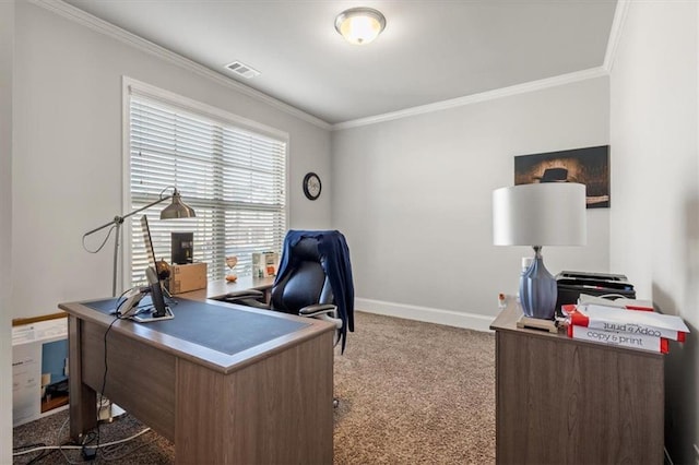 office with light carpet and ornamental molding