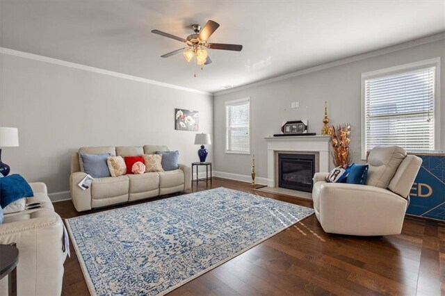 living room with dark hardwood / wood-style floors, ceiling fan, and crown molding