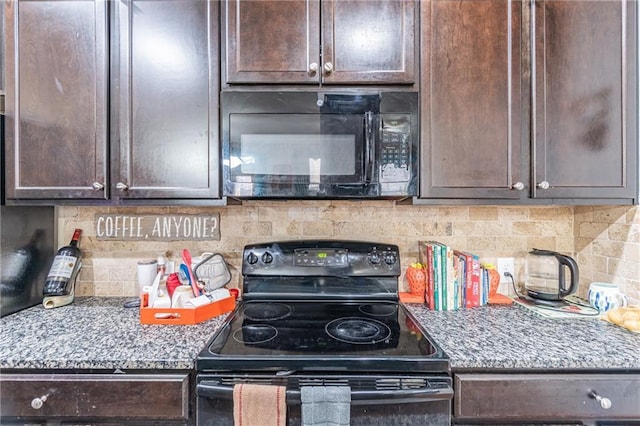 kitchen with decorative backsplash, dark brown cabinetry, light stone counters, and black appliances