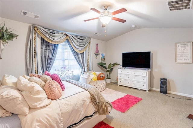 bedroom with carpet floors, ceiling fan, and lofted ceiling