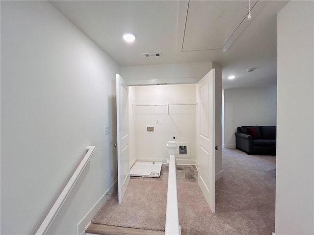 clothes washing area featuring carpet and hookup for a washing machine