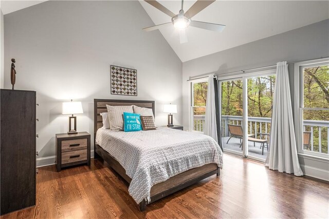 bedroom with baseboards, wood finished floors, high vaulted ceiling, a ceiling fan, and access to outside