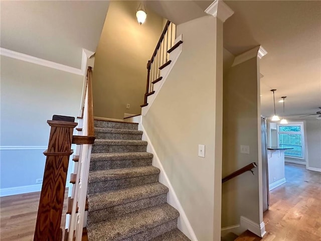 4875 Carre Way, Alpharetta, GA 30022 - staircase featuring wood finished floors, ceiling fan, and baseboards