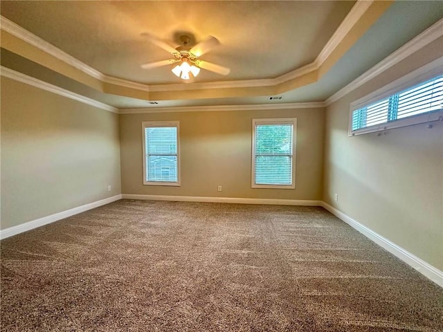 4875 Carre Way, Alpharetta, GA 30022 - empty room with a tray ceiling, crown molding, a ceiling fan, carpet, and baseboards