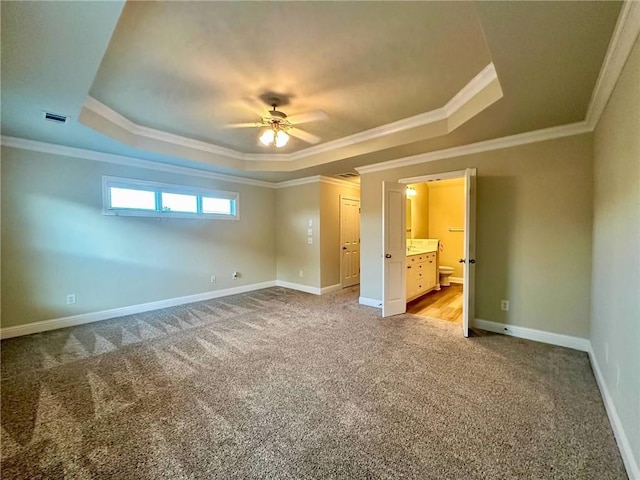 4875 Carre Way, Alpharetta, GA 30022 - unfurnished bedroom with a raised ceiling, carpet, crown molding, baseboards, and ensuite bathroom