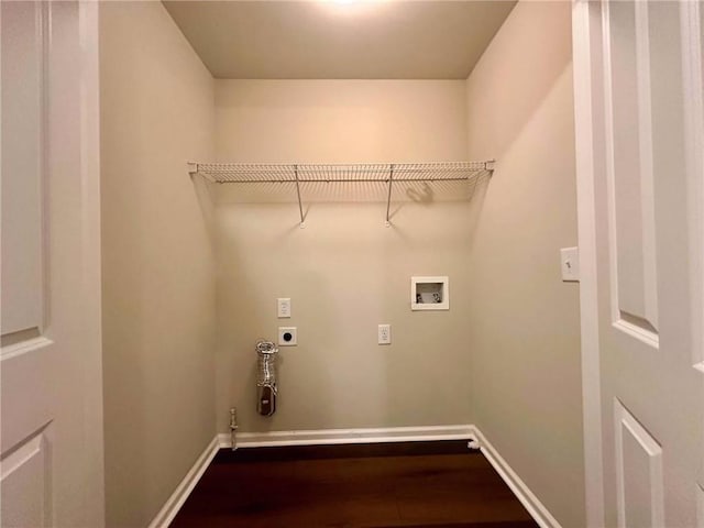 4875 Carre Way, Alpharetta, GA 30022 - laundry area with hookup for a gas dryer, electric dryer hookup, hookup for a washing machine, dark wood-style floors, and baseboards