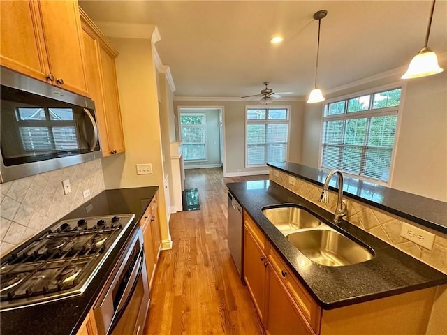 4875 Carre Way, Alpharetta, GA 30022 - kitchen featuring appliances with stainless steel finishes, a sink, crown molding, light wood-style floors, and decorative backsplash