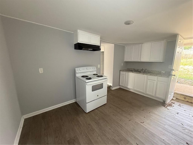 kitchen with dark hardwood / wood-style flooring, white cabinets, white electric range oven, and sink