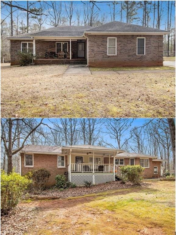 ranch-style home with a porch and a front yard