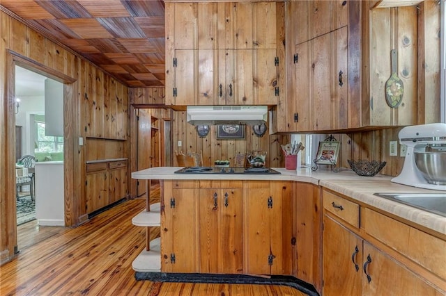 103 White Cir, Rockmart, GA 30153 - kitchen featuring wood walls, under cabinet range hood, black stovetop, wooden ceiling, and light countertops