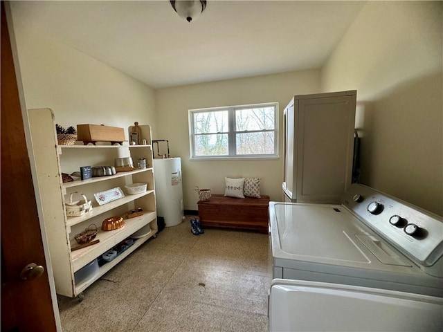 103 White Cir, Rockmart, GA 30153 - laundry area featuring electric water heater, washing machine and clothes dryer, and light carpet