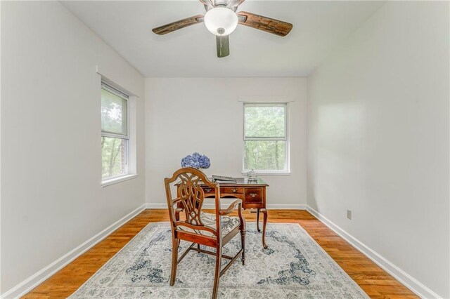 103 White Cir, Rockmart, GA 30153 - dining room featuring healthy amount of natural light, wood finished floors, a desk, and ceiling fan