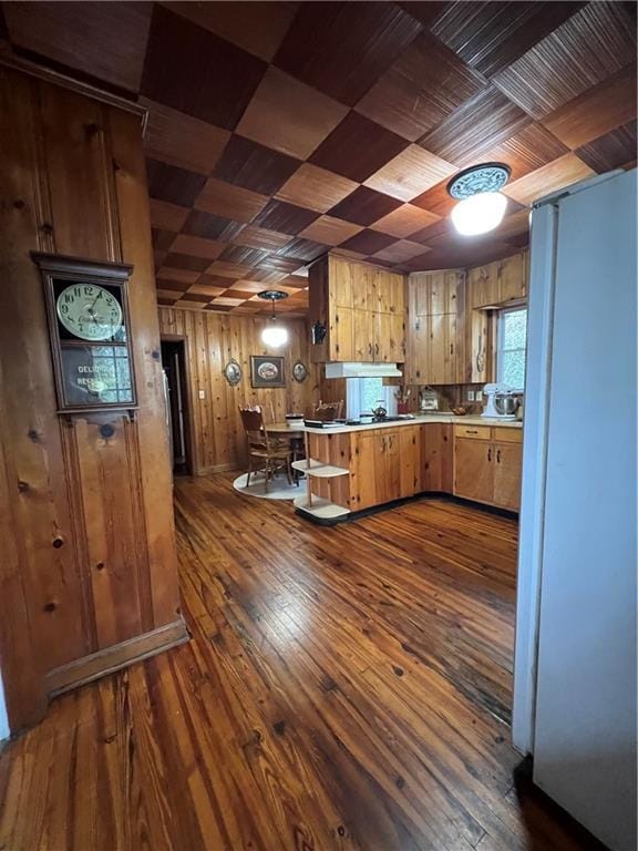 kitchen with freestanding refrigerator, wooden walls, dark wood-type flooring, light countertops, and under cabinet range hood