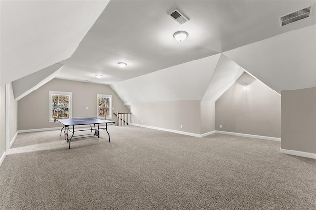 4635 Dawsonville Hwy, Gainesville, GA 30506 - recreation room featuring vaulted ceiling, carpet flooring, baseboards, and visible vents